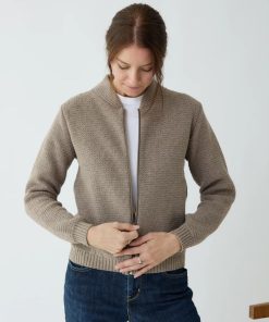 Chaqueta lisa de punto con cuello bomber para mujer